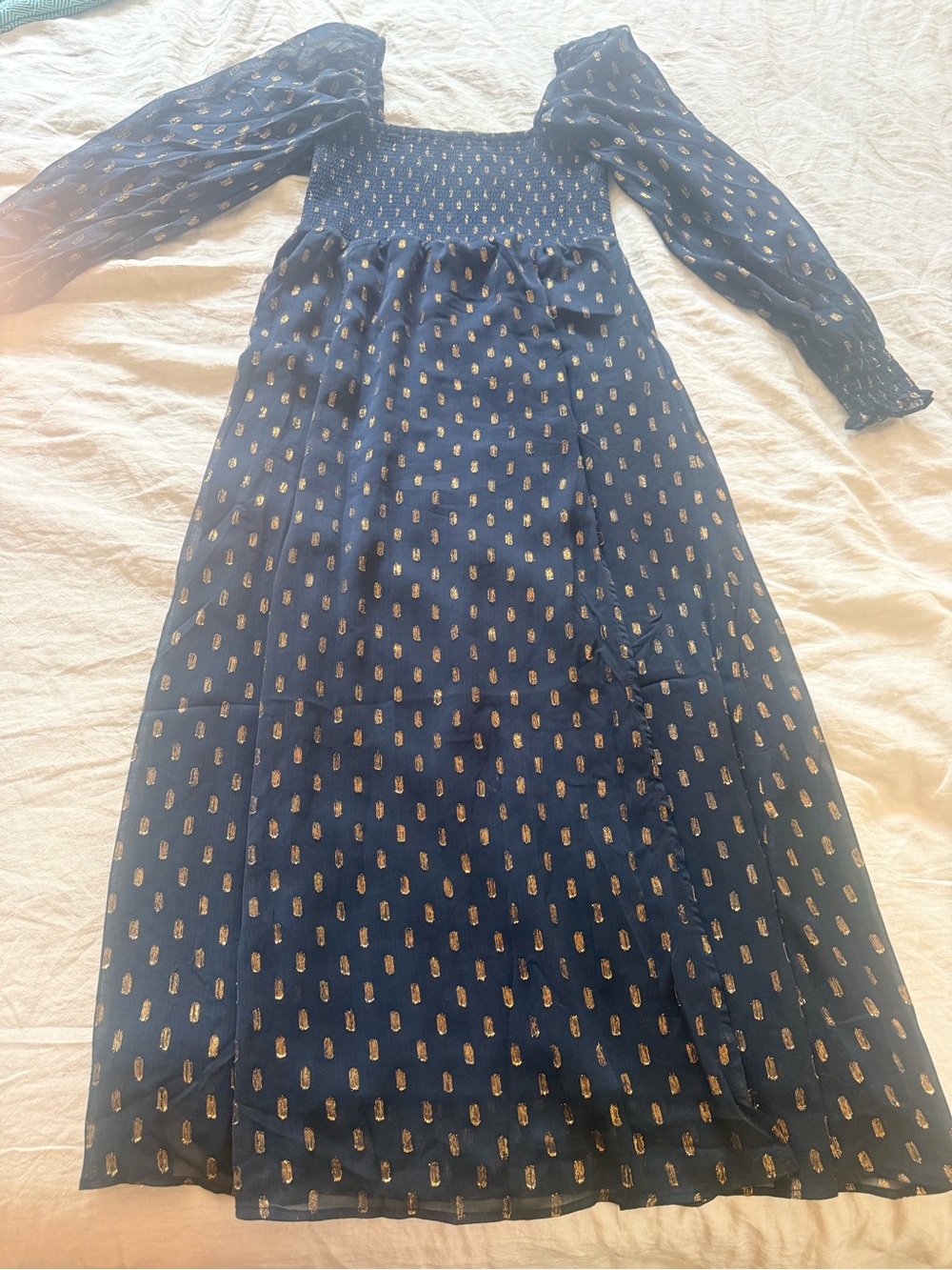 Strapless Navy Maxi Dress with Gold Print